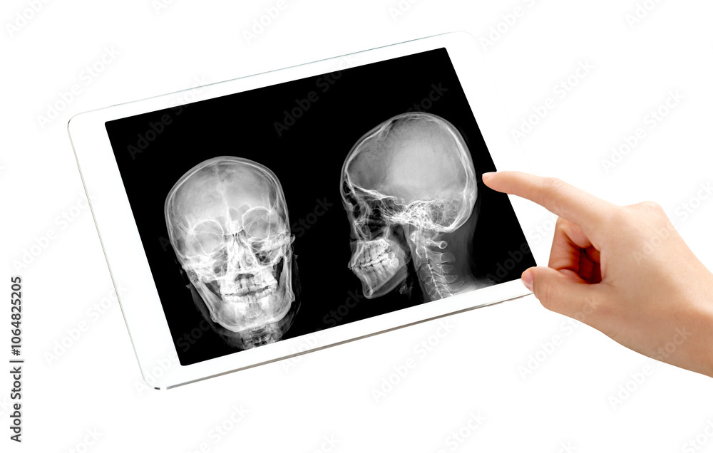 Aufkleber a hand points at a tablet screen showing skull x-ray images isolated on a white background with a cl