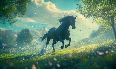 A detailed and high-quality whimsical animated art scene featuring a horse galloping with a trail of digital footprints