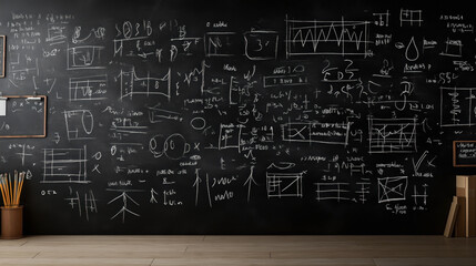 Fototapeta premium Large blackboard covered in mathematical equations and diagrams, pencils in a pot, and a wooden floor in a classroom setting
