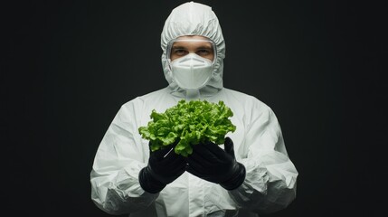 Modern Research farmer wears protective gear holding fresh lettuce, emphasizing safety in food production.