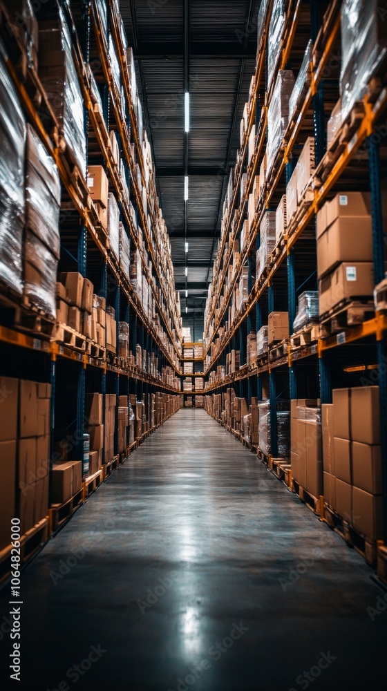 Poster a long corridor of a depot warehouse showcases rows of organized shelves filled with boxes, reflecti