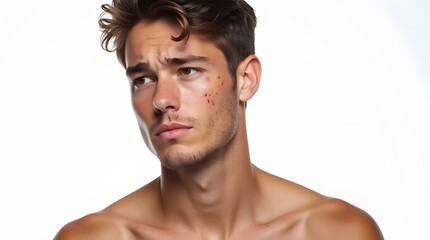 Young Man with Acne on Face Isolated on White Background