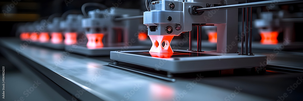 Poster close-up view of a 3d printer in action,manufacturing a plastic object through a process of layered 