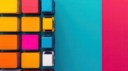 A vibrant arrangement of colorful toy trucks against a bold backdrop, creating a striking visual contrast with playful and lively hues.