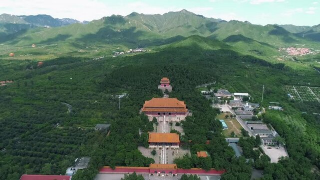 Aerial drone view of Ming Tombs Changling mausoleum in China,Asia.&nbsp;The Ming Tombs, Sacred Way,The Ming Tombs, Beijing, China.&nbsp;Mausoleums built by the emperors of the Ming dynasty of China.
