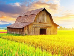 Obraz premium A rustic barn surrounded by golden fields at sunset, evoking tranquility and rural beauty.