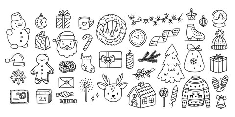 Christmas items set in outline doodle style. Editable stroke. New year characters and gifts for postcards, banners, web design, scrapbooking and other holiday design