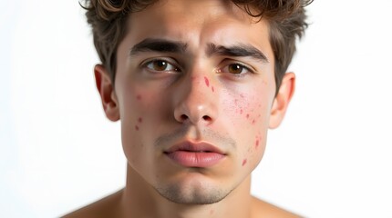 Fototapeta premium Young Man with Acne on Face Isolated on White Background