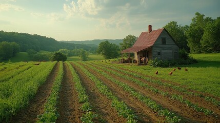 A small rural farm with rows of vegetables, chickens roaming freely, and a farmer working with tools.