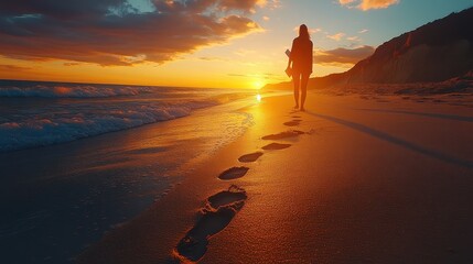 Sunset silhouette of couple walking on sandy beach with ocean waves crashing against the shore
