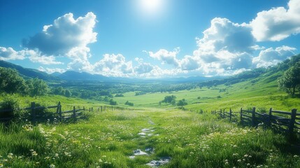 Fototapeta premium A sprawling countryside landscape with rolling green hills, a stone fence, and fluffy clouds in a bright blue sky.
