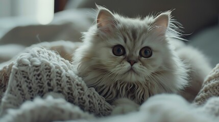 A fluffy Persian cat with big, round eyes and a soft white coat, sitting on a cozy blanket and gazing adorably at the camera, captured in stunning HD detail.