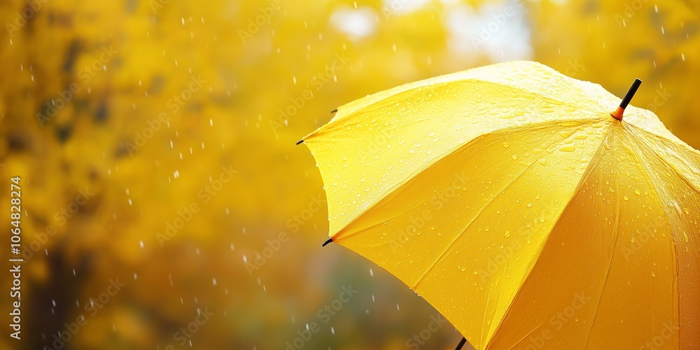 Poster a yellow umbrella is open in the rain. the umbrella is the main focus of the image, and it is the on
