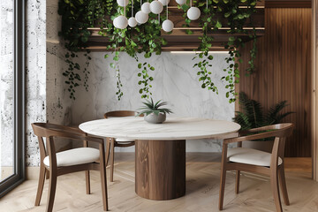 Dining room with a circular marble table, walnut wood chairs, and hanging plants, adding a modern organic touch. interior design concept 