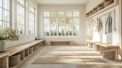 Fototapeta premium A Japandi-style mudroom with light wooden benches