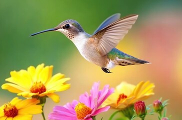 Fototapeta premium A hummingbird hovering near yellow and pink flowers