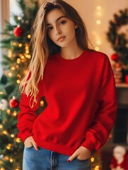 Women red sweatshirt mockup with Christmas tree background. Young female model long sleeve tshirt mock up. Women's Gildan, basic pullover, winter casual jumper, front view, indoor lifestyle