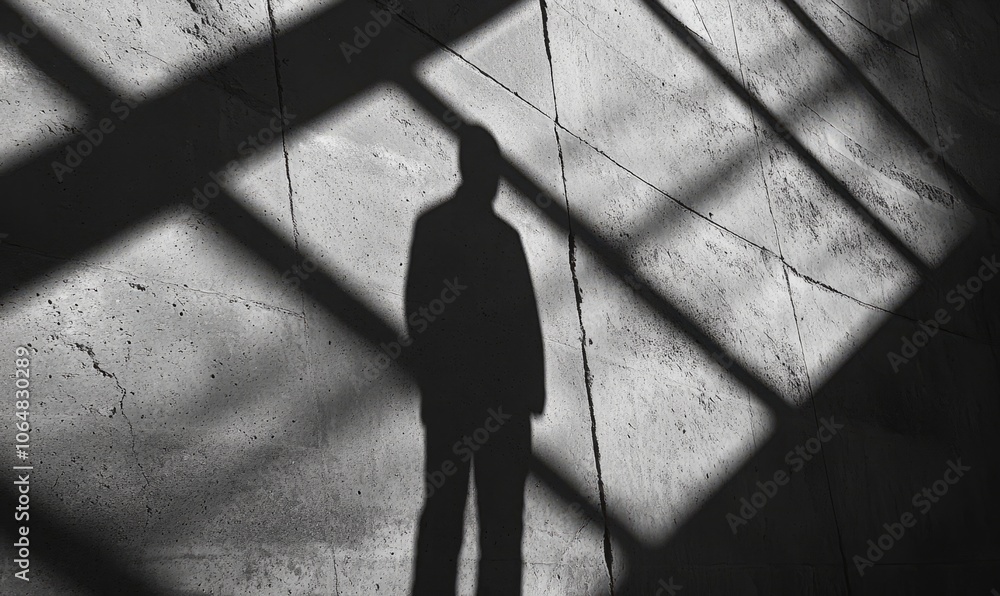 Poster person's shadow cast on a textured concrete wall, with angular sunlight creating a geometric pattern