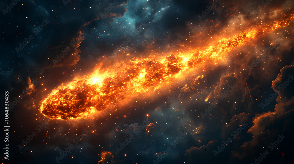 Poster Dramatic celestial collision in the depths of the galaxy,depicting a fiery cosmic explosion with glowing nebulae,burning astral bodies,and a spectacular display of interstellar energy.