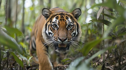 Obraz premium Majestic Tiger Emerging from Lush Jungle Environment