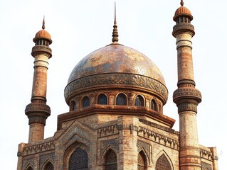 A close-up view of a domed structure with minarets, showcasing intricate architectural details.