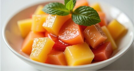Colorful fruit salad with mint garnish