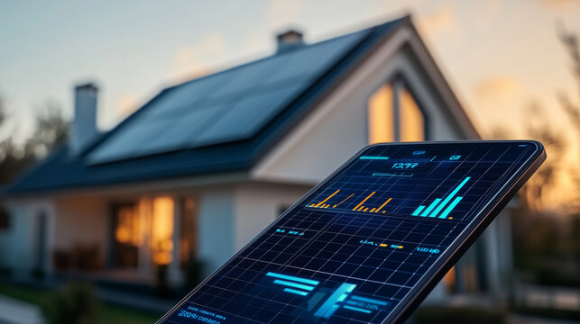 Smart home with solar panels on the roof at sunset, displaying energy consumption data on tablet