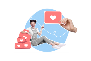 Composite collage image of charming adorable attractive young girl popular successful influencer blogger point hand holding heart icon