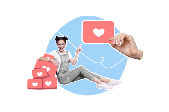 Composite collage image of charming adorable attractive young girl popular successful influencer blogger point hand holding heart icon