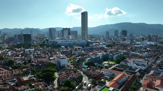 Drone fly above George Town Malaysia, Komtar Skyscraper City Streets at Daylight