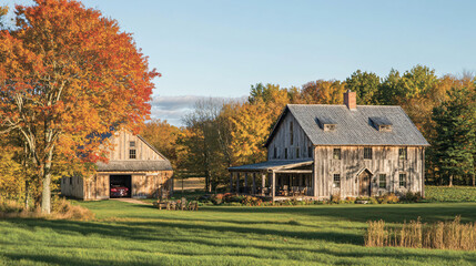 Obraz premium A delightful country home with a rustic barn, where families create lasting memories during Thanksgiving.