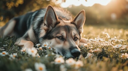 Large dog lying down on a grassy field with flowers around, soft daylight bringing out details in his fur