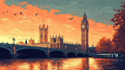 Fototapeta premium Explore the majestic beauty of london's iconic parliament and big ben at sunset over the river thames