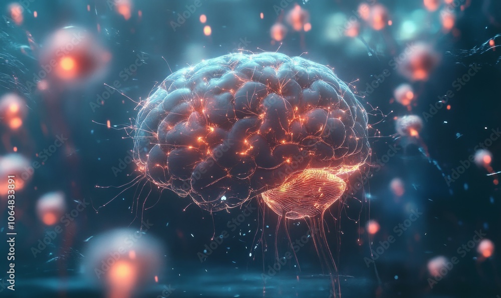 Aufkleber a futuristic image with a close-up of a human brain showing visible neurons firing, surrounded by a 