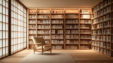 A Japandi home library featuring floor-to-ceiling wooden bookshelves