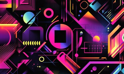 A geometric abstract poster with sharp bold typography in neon colors, featuring dynamic text on a black background, high resolution, high detail, masterpiece