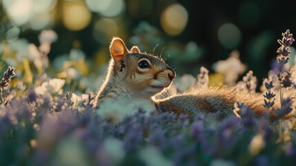 Obraz premium Squirrel lying among lavender plants, serene expression in natural daylight with soft shadows