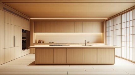 A Japandi inspired kitchen with a flat-panel door