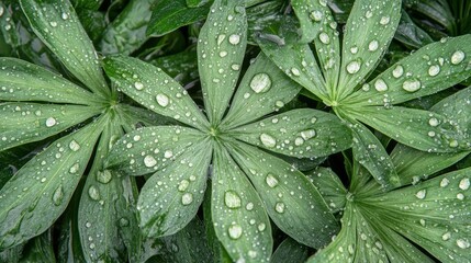 Fototapeta premium A close-up photo shows raindrops resting on the leaves of a water fern, also known as water velvet.