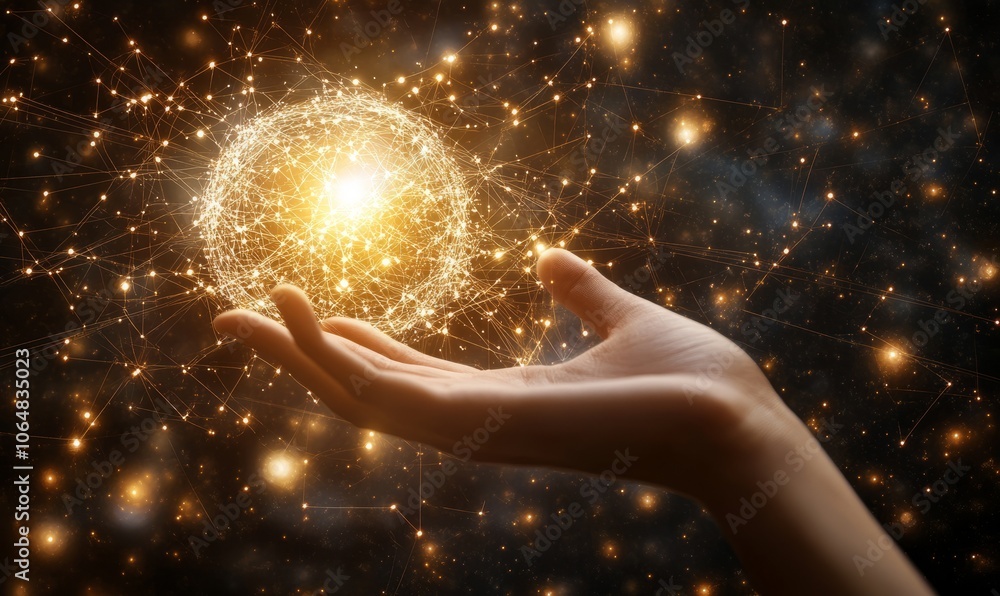 Poster a hand reaching out towards a glowing digital globe with interconnected network lines highlighting i