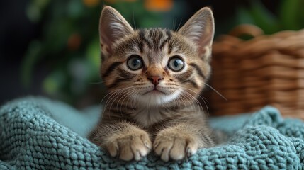 A cute tabby kitten with big blue eyes looks directly at the camera while laying on a blue blanket.