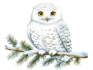 Fototapeta premium cozy watercolor style snowy owl perched on snowy branch, showcasing its striking yellow eyes and detailed feathers. This charming illustration captures essence of winter wildlife beautifully