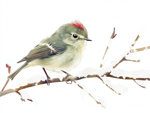 cozy watercolor style ruby crowned kinglet perched on snowy branch, showcasing its vibrant red crown and soft green feathers. This charming bird adds touch of nature beauty