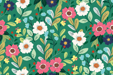 Seamless floral pattern, liberty ditsy print of pretty cartoon flowers. Cute botanical design, summer meadow: large and small hand drawn flowers, leaves on a green field. Colorful vector illustration. © Yulya i Kot