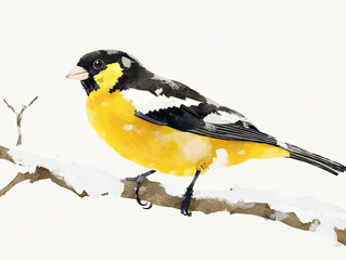 Obraz premium friendly evening grosbeak perched on snowy branch, showcasing its vibrant yellow and black plumage. This watercolor style illustration captures beauty of nature