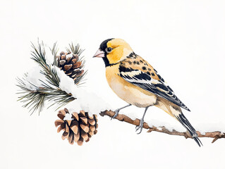 Fototapeta premium friendly watercolor style goldfinch perched on snowy pine branch, surrounded by pine cones, showcasing its vibrant yellow and black plumage