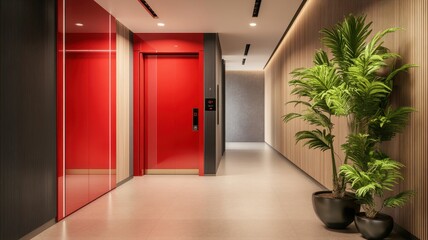 Modern Red Elevator doors of office or hotel hallway, Lobby interior, corridor in house with lift,Black elegant lift for passenger or cargo elevators,copy space.