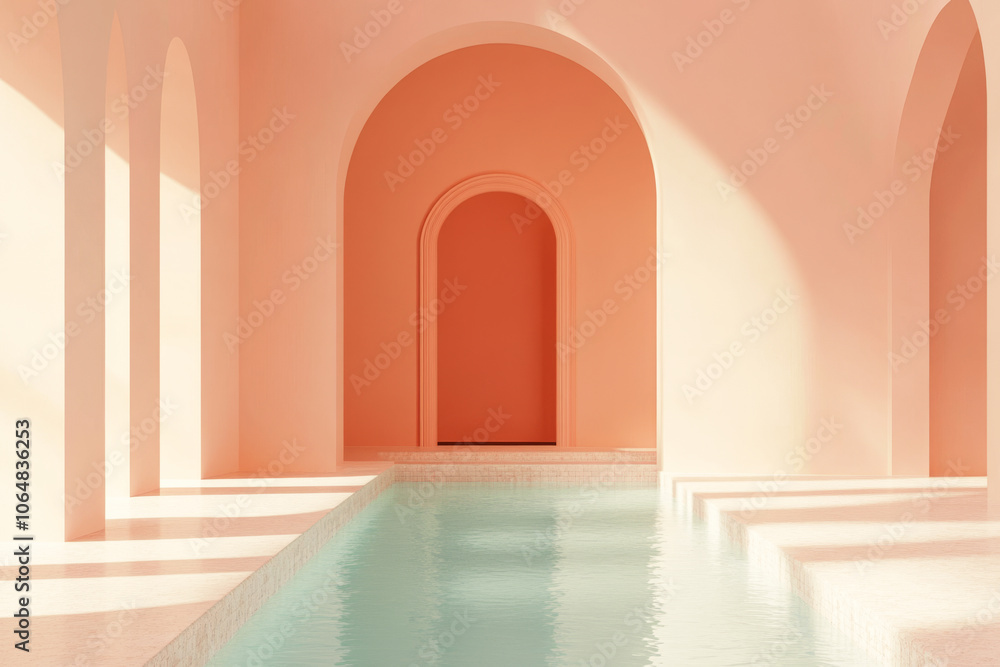 Poster empty pink swimming pool in minimalist interior design with arches. simple geometric composition in 