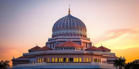 Obraz premium A beautifully designed mosque with a large dome at sunset.