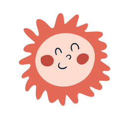 Simple sun in flat cartoon style. Cute hand drawn sun with smile isolated on transparent background. Vector illustration, children's drawing.